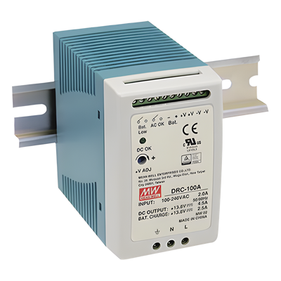 Fuente de Poder Riel DIN / 100W / Salida Dual 13.8V CC / Cargador de Batería Integrado / 87% Eficiencia / Convección Natural