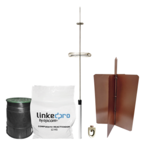 Kit Pararrayos / Electrodo de Cobre de Alta Sección / Pararrayos de Aluminio con Ionización / Radio de Cobertura 72° / Diseño para Excavaciones Poco Profundas / Cumple Estándares Internacionales de Telecomunicaciones