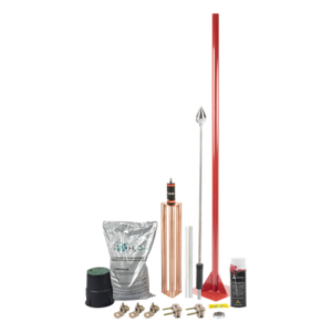 Kit Pararrayos / Protección 80 m (262.5 ft) de Diámetro / Punta con Mástil 1.2 m (3.9 ft) / Electrodo 100A / Mejorador de Suelo H2OHM / Conectores de Bronce / Aluminio Magnetoactivo