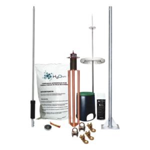 Kit de Pararrayo Dipolo Corona / Ángulo de Protección 72° / Mástil 1.2 m (3.9 ft) / Electrodo 45A / Mejorador de Suelo 11 kg / Base Plana Integrada