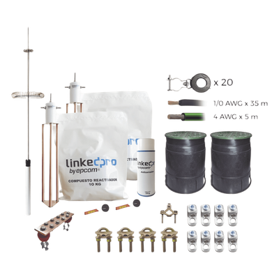 Kit Pararrayo con Accesorios de Instalación en Torre / 30 m (98 ft) / Radio Cobertura 72° / Cable 1/0 AWG / Conectores Cal. 4-2/0 AWG