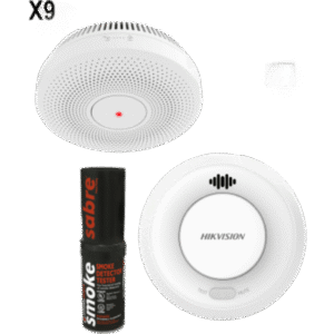 Kit de Detección de Humo / 9 Detectores Interlink + Hub Wi-Fi / Interconectable 30 Dispositivos / Batería 10 Años / Alarma 85 dB / Probador SABRE Incluido / Hik-Connect