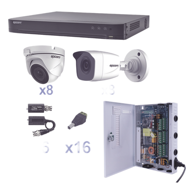 Kit TurboHD / DVR 16 Canales / 16 Cámaras 1080p / 8 Bala y 8 Eyeball / Lente 2.8 mm / IR 20 m (65.6 ft) / Fuente de Poder 18 Canales / Transceptores UTP