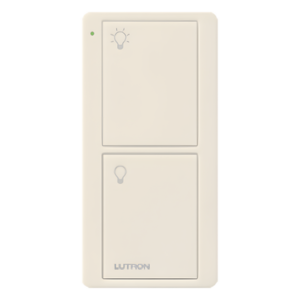 Control Inalámbrico RF / 2 Botones On/Off / Alcance 9 m (30 ft) / Integración con Atenuadores y Hubs / Montaje en Pared o Portátil / Acabado Gloss Light Almond