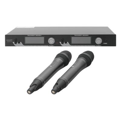 Sistema de Microfonía Inalámbrico UHF / 2 Micrófonos de Mano / 200 Canales / Alcance 100 m (328 ft) / Frecuencia 640-857 MHz / Batería 10-15 Horas
