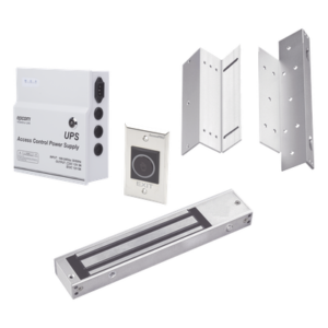 Kit de Control de Acceso / Fuente 12 VCD 5A con Respaldo / Chapa Magnética 600 lbs / Botón Sin Contacto / Montajes L y Z