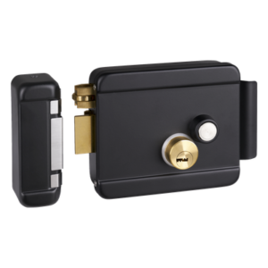 Cerradura Eléctrica con Botón de Salida / Doble Cerrojo / 12 VDC 2.5 A / Activación por Pulso 2 s / Exterior Izquierda / Cuerpo 129 x 103 x 38 mm