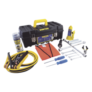 Juego de Herramientas Automotriz / 14 Piezas / Gato 2 Toneladas / Cables Pasacorriente 2.5 m (8.2 ft) / Llaves 8-15 mm / Poncholina 12 oz