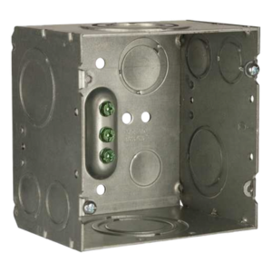 Caja de Conexión Cuadrada / Acero Soldado / 4.69 x 4.69 in / Profundidad 3-1/4 in (82.55 mm) / 66.7 in³ / Entradas 1/2" a 2" / UL Listed