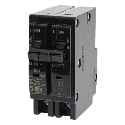 Interruptor Termomagnético / 2 Polos / 20A / 240 VCA / Capacidad Interruptiva 10 kA / Montaje Enchufable / -30 a 70 °C