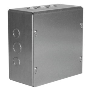 Caja de Conexiones Industrial / 15 x 15 x 4 in (38.1 x 38.1 x 10.2 cm) / Acero Galvanizado / 8 Entradas Laterales-Finales 1/2 a 1 1/4 in / UL Listed / 24 Orificios de Montaje