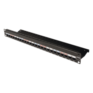 Patch Panel / 24 Puertos / Modular Vacío / Plano / 1UR / Cat 6A Blindado / Acero Negro