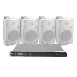 Kit Amplificador de Audio para Rack / 120W RMS / 4 Altavoces de Pared IP54 / Sistema 70/100V / 4 Entradas Micrófono / Bluetooth MP3 Tuner USB