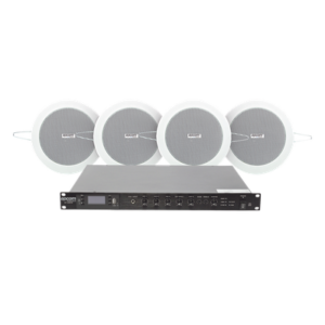 Kit de Sonido Ambiental / Amplificador 120W RMS / 4 Altavoces de 4in / Sistema 70/100V / Bluetooth y MP3 / Falso Techo