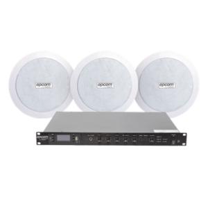 Kit de Amplificador de 120W RMS para Rack / Salida 100V/4Ω / 3 Altavoces de Plafón Coaxiales 5.5" / Sistema 70/100V / Bluetooth, MP3, USB, FM / 4 Entradas de Micrófono / Resistente a Humedad