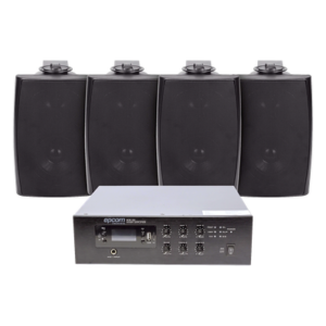 Kit de Sonido Ambiental / Amplificador 240W RMS / Salida 70/100V / 4 Altavoces de Pared / Bluetooth y MP3 / Resistente a Humedad