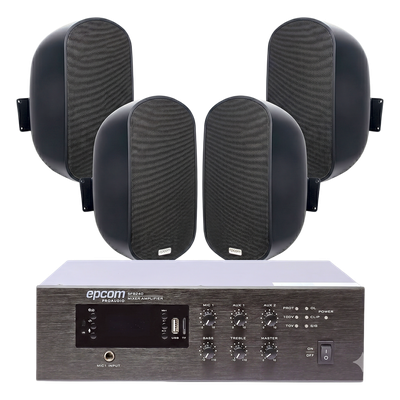 Kit de Sonido Ambiental / Amplificador 240W RMS / Salida 70V/100V / 4 Altavoces de Pared 5" / Bluetooth y MP3 Integrados / Taps 3W-50W