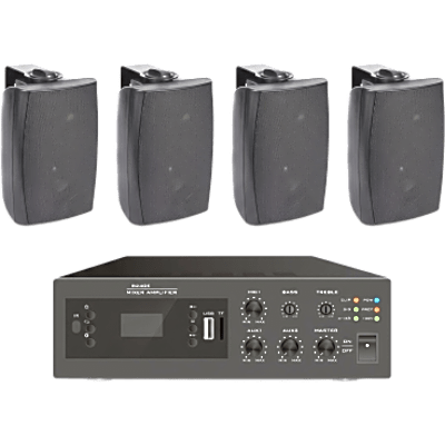Kit Amplificador de Audio / 240W / Bluetooth FM MP3 / 4 Altavoces de Pared 2 Vías / Sistema 70/100V / Phantom 48V