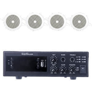 Kit de Sonido para Instalación / Amplificador 120W / 4 Altavoces de Plafón 4" / Sistema 70/100V / Bluetooth y FM
