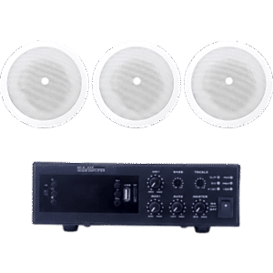 Kit de Sonido Ambiental / Amplificador 120W / 3 Altavoces de Plafón 5" / Sistema 70/100V / Bluetooth y USB / Entrada XLR Phantom 48V