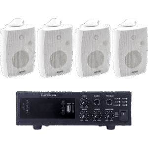 Kit de Amplificador de 120W para Escritorio / 4 Altavoces de Pared 2.5W - 20W / Sistema 70/100V / Bluetooth / USB / FM / XLR con Phantom 48V