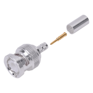 Conector Coaxial BNC Macho / Anillo Plegable / Cuerpo Bronce Plateado / Contacto Oro / Aislante Teflón / Cables RG-58/U, RG-142/U, LMR-195