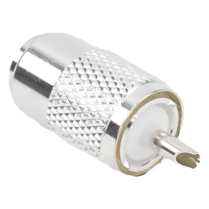 Conector UHF Macho / Compatibilidad RG-8/U y Derivados / Aislante de Teflón / Cuerpo de Bronce Plateado / Rosca Especial
