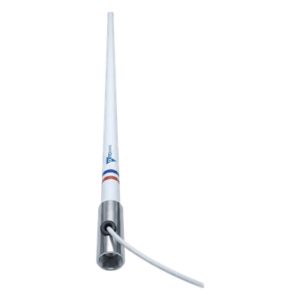 Antena Marina VHF / Fibra de Vidrio / 156-163 MHz / 6 dBi / 2.4 m (7.9 ft) / Cable 10 m (32.8 ft) / Base Acero Inoxidable