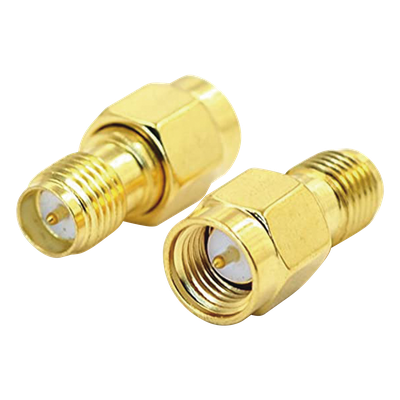Adaptador RF / SMA Macho a SMA Hembra Inverso / Montaje en Línea / Cuerpo Bronce con Oro / Aislante Teflón