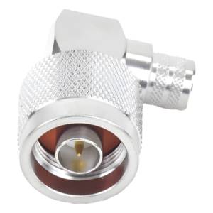 Conector Coaxial N Macho / Ángulo Recto / Anillo Plegable / Cables LMR-400 y Equivalentes / Cuerpo Bronce Plateado / Contacto Oro / Aislante Teflón