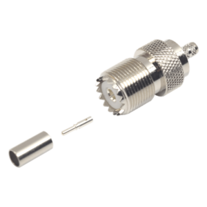Conector UHF Hembra / SO-239 / Anillo Plegable / Cable RG-58/U y RG-142/U / Níquel y Plata / Delrin