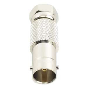 Adaptador en Línea / BNC Hembra a F Macho / 50 Ohm / Cuerpo Níquel / Contacto Oro / 36.5 mm