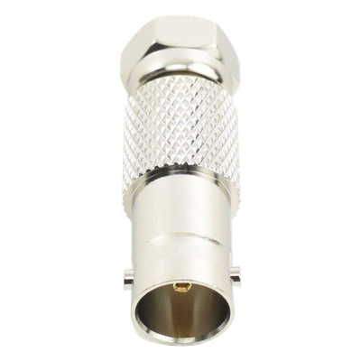 Adaptador en Línea / BNC Hembra a F Macho / 50 Ohm / Cuerpo Níquel / Contacto Oro / 36.5 mm