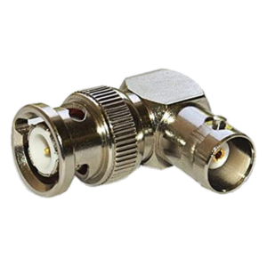 Adaptador RF / BNC Macho a Hembra / Ángulo Recto / 50 Ohm / Cuerpo Niquelado / Contacto Plateado / Aislante Teflón