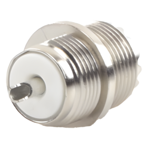 Conector UHF Hembra / Montaje Frontal en Panel D Plano / Cuerpo Zinc Niquelado / Contacto Plateado / Aislante Baquelita / Soldable