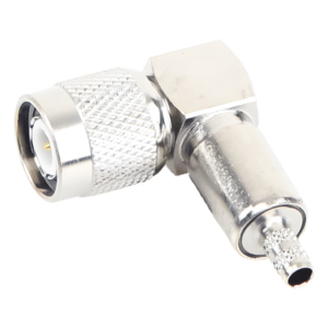Conector RF TNC Macho / Ángulo Recto / Ensamblaje Anillo Plegable / Bronce Niquelado / Contacto Oro / Dieléctrico Teflón