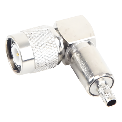 Conector RF TNC Macho / Ángulo Recto / Ensamblaje Anillo Plegable / Bronce Niquelado / Contacto Oro / Dieléctrico Teflón