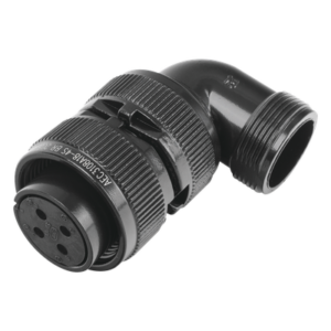 Conector Hembra en Ángulo Recto / 4 Contactos / Terminales Soldables / AWG 14-12 / Cuerpo Plateado Negro / Aislante Delrin / 90°