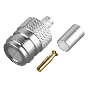 Conector RF Tipo N Hembra / Anillo Plegable / Contacto Oro / Cuerpo Plata / Aislante Teflón / Para Cable Proflex y Grupo P
