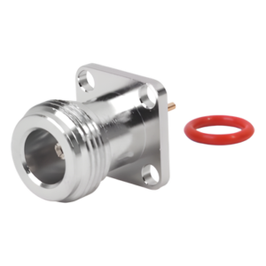 Conector RF N Hembra / Montaje Panel Cuadrado 17.5 mm / 4 Perforaciones 12.7 mm (0.5 in) / Soldable / Contacto Oro / Aislante Teflón