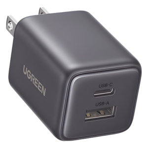 Cargador Rápido GaN / 20 W / Dual Puerto USB-C PD + USB-A QC 3.0 / Ultracompacto 43 x 33.6 x 32 mm
