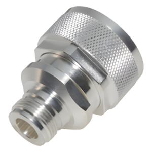 Adaptador de Conector RF / DIN 7-16 Macho a N Hembra / Montaje en Línea / Cuerpo Bronce Plateado / Aislante Teflón