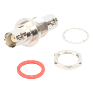 Adaptador Coaxial / Doble BNC Hembra / Montaje Chasis Hermético / D-Plano Frontal o Trasero / 50 Ω / Cuerpo Niquelado / Contacto Oro