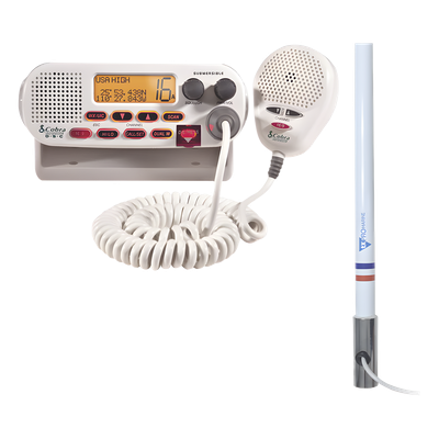 Kit de Radio VHF Marino / Antena Fibra de Vidrio 2.4 m (7.9 ft) / 25 W / DSC / Dual-Watch / PL259 / Base Acero Inoxidable