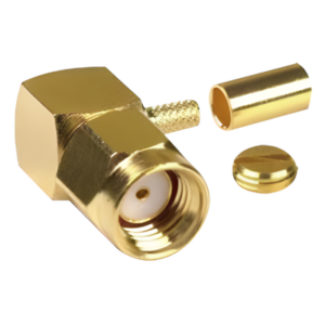 Conector Coaxial SMA Macho Inverso / Ángulo Recto / Anillo Plegable / Compatibilidad RG-174/U y Belden 8216 / Cuerpo Bronce con Recubrimiento de Oro / Aislante Teflón