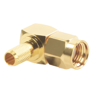Conector SMA Macho Inverso / Ángulo Recto / Anillo Plegable / Cables RG-58/U y RG-142/U / Cuerpo Bronce Oro / Aislante Teflón