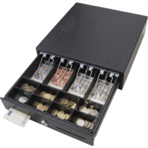 Cajón para Efectivo / 4 Compartimentos Billetes / 5-8 Compartimentos Monedas / Ranura de Inserción / Cerradura con Llave / Diseño Extraíble