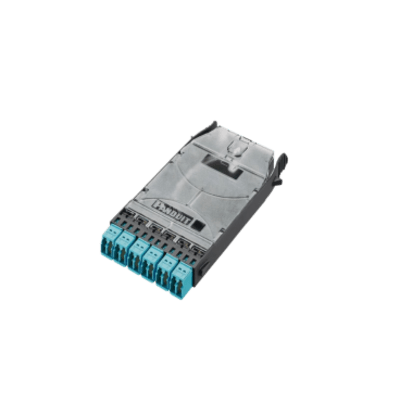 Cassette HD Flex de 12 Fibras Multimodo OM4, de MPO a 6 Conectores y Precargado con 12 Pigtails LC Duplex, Color Aqua