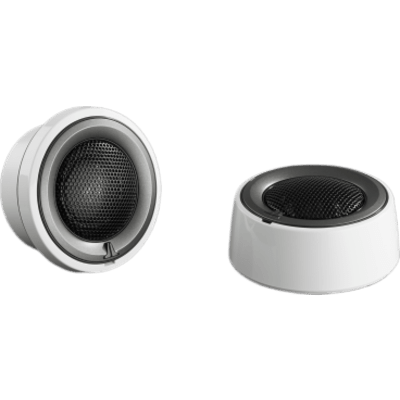 Par de Tweeters de Componentes Náuticos / 1″ / Cúpula de Seda / Alta Potencia y Amplia Dispersión / Montaje Empotrado o Superficial / Resistente a Corrosión y UV / Incluye Soportes Blancos y Anillo Gris