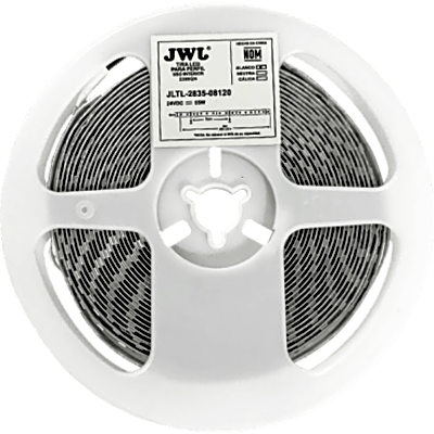 Tira LED de 5 metros / Luz Cálida 2700K /11W por metro / 24 VDC / 8 mm de Ancho / 120 LEDs por metro / Angulo de Luz de 140° / IP20 / Policarbonato / Corte cada 5 cm.